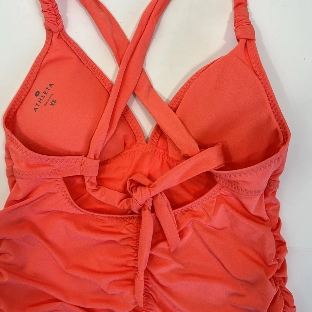 Athleta Ruched‎ Tankini Swim Top Women's XS Neon Orange Removable Bra Pads